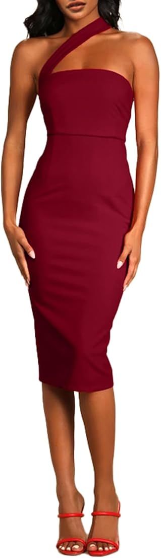 Simplee Women's One Shoulder Midi Cocktail Dress Fall Sexy Halter Neck Strapless Bodycon Bandage ... | Amazon (US)