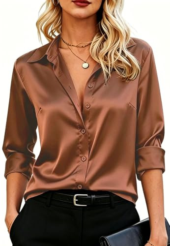 Silk Blouse for Women Satin Button Down Shirts Long Sleeve Business Work Office Attire Tops Brown S | Amazon (US)