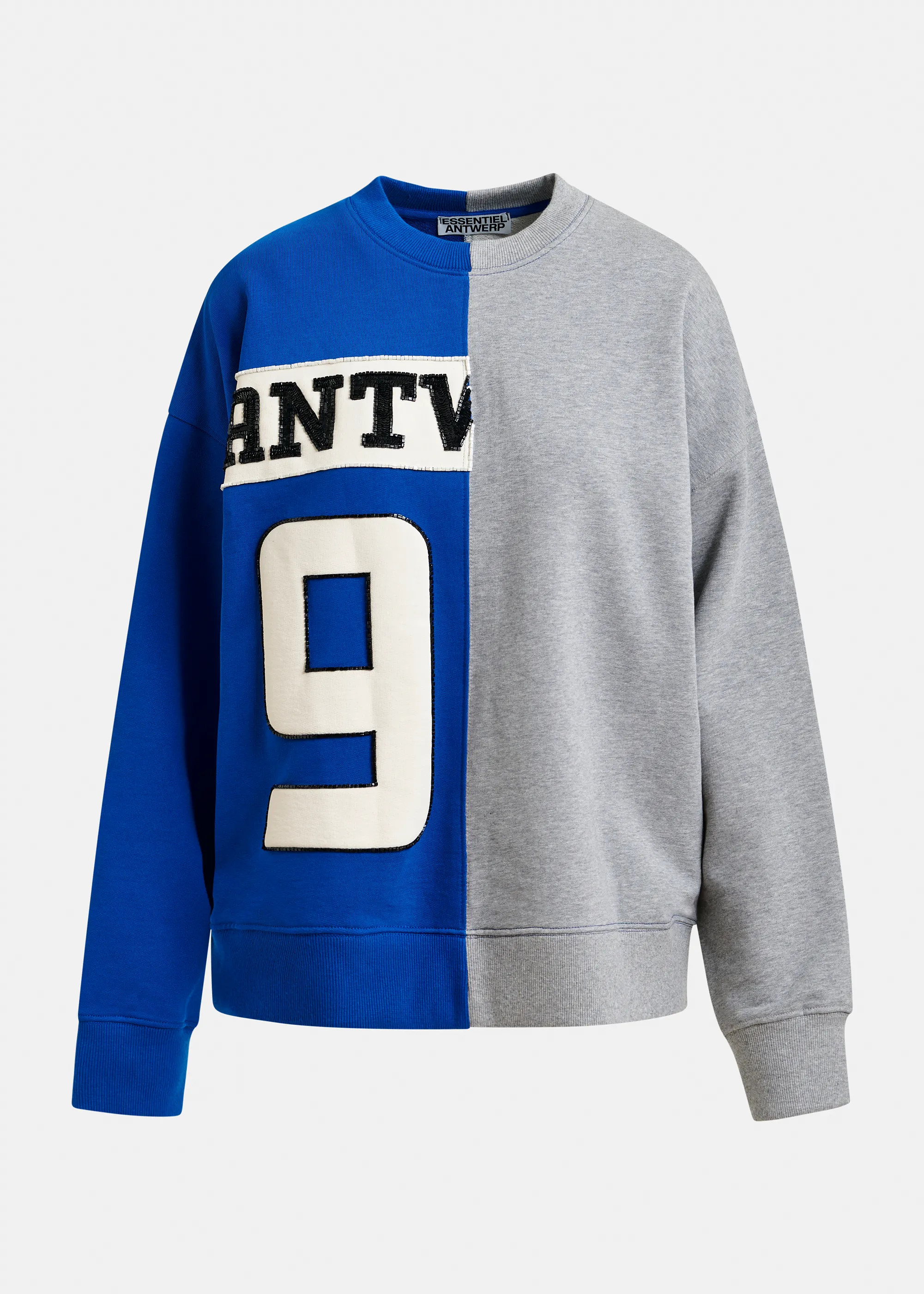 Blue and grey split-panel appliquéd cotton sweatshirt | Essentiel Antwerp United Kingdom | Essentiel Antwerp