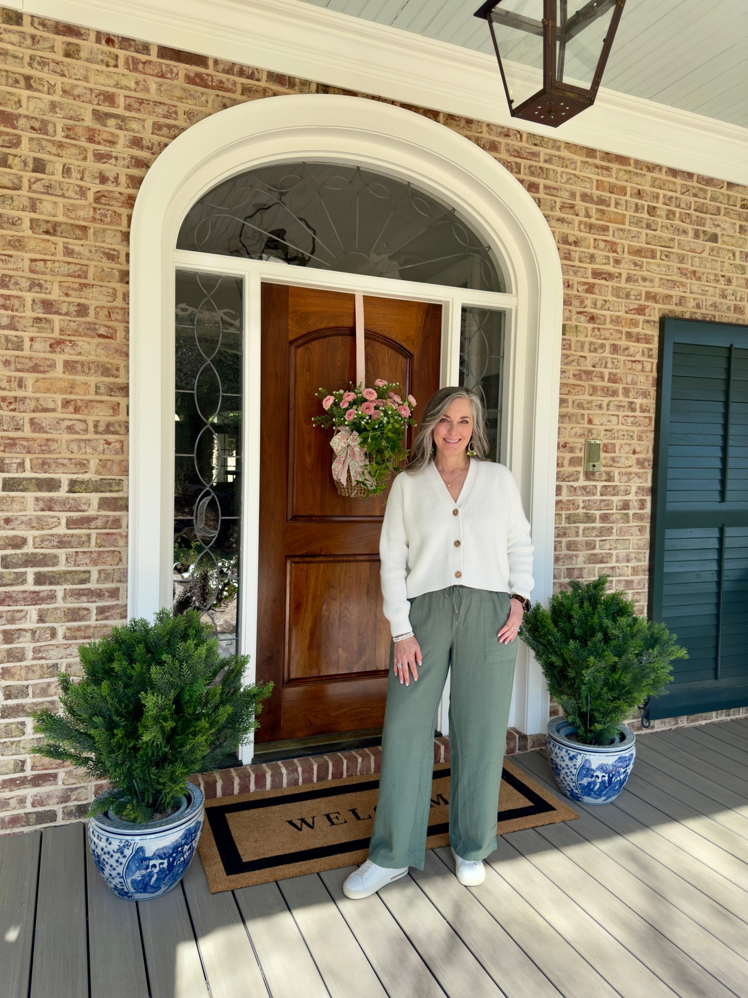 Early spring outfit with green linen pants, white cotton cardigan and leather sneakers. 

Linen pants | Quince | Nearly Natural | Chinoiserie 



#LTKOver40 #LTKHome #LTKStyleTip