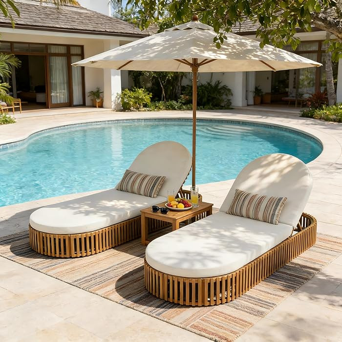 Merax Acacia Wood Chaise Lounge Set of 2 with Curved Cushion, Outdoor Sun Lounger for Patio, Pool... | Amazon (US)