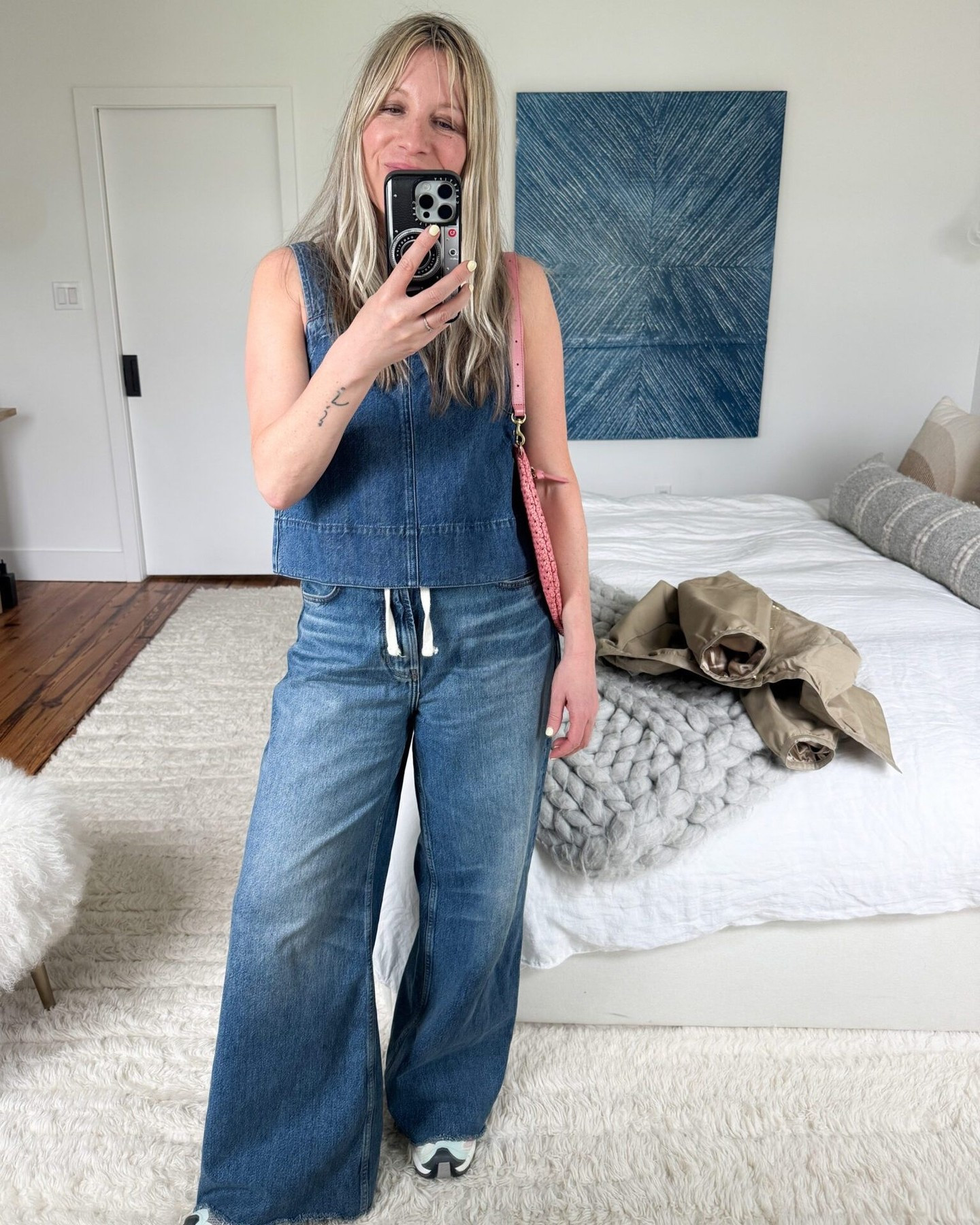 This is the denim top with the freaking perfect shape. Not too cropped, but not too long, it’s the Goldilocks of tops. I love a good denim top with more denim (a fun tweak on a matching set). It’s such a foolproof pairing, whether dressing up or down.
