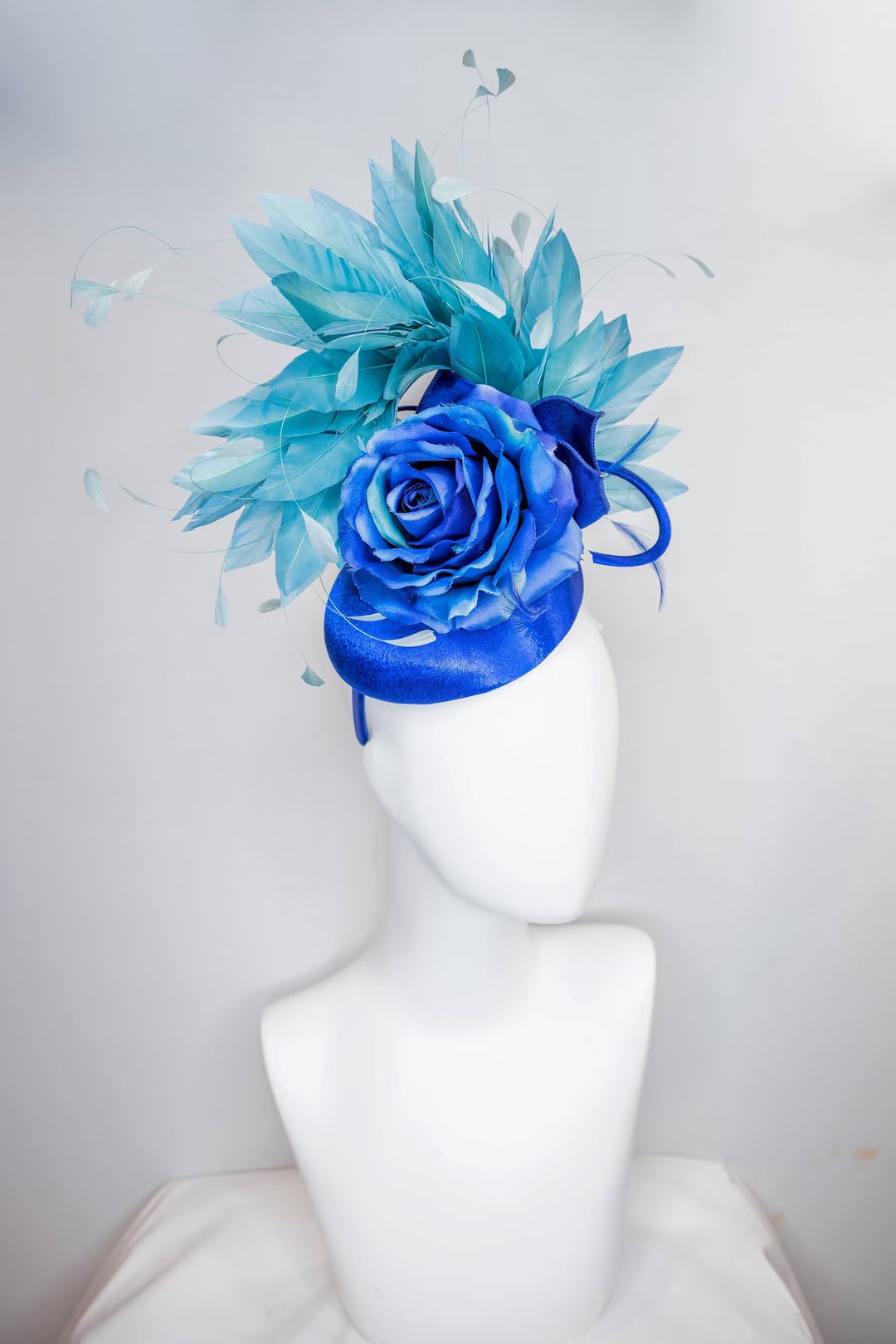 Kentucky Derby Hat Fascinator Satin Royal Blue Base With Decor and Large Blue Rose and Peacock Te... | Etsy (US)