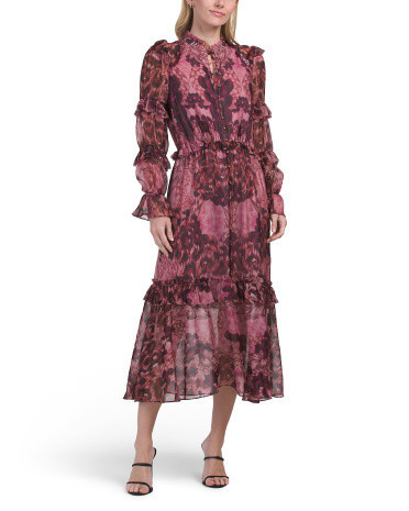 Silk Blend Braided Leopard Flounce Chiffon Midi Dress For Women, Polyester/Viscose | TJ Maxx