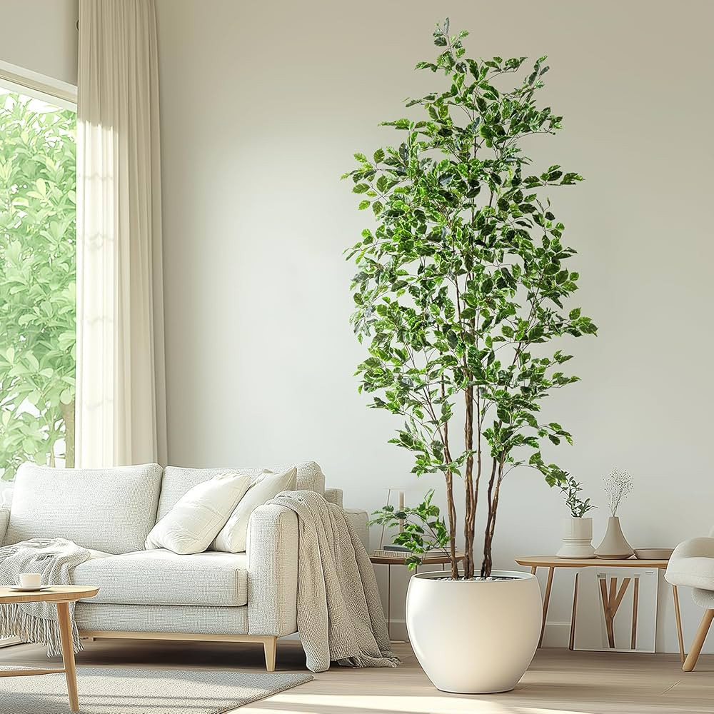 Artificial Ficus Tree Indoor 8ft, Large Potted Faux Tree with Realistic Silk Leaves & Trunk for H... | Amazon (US)