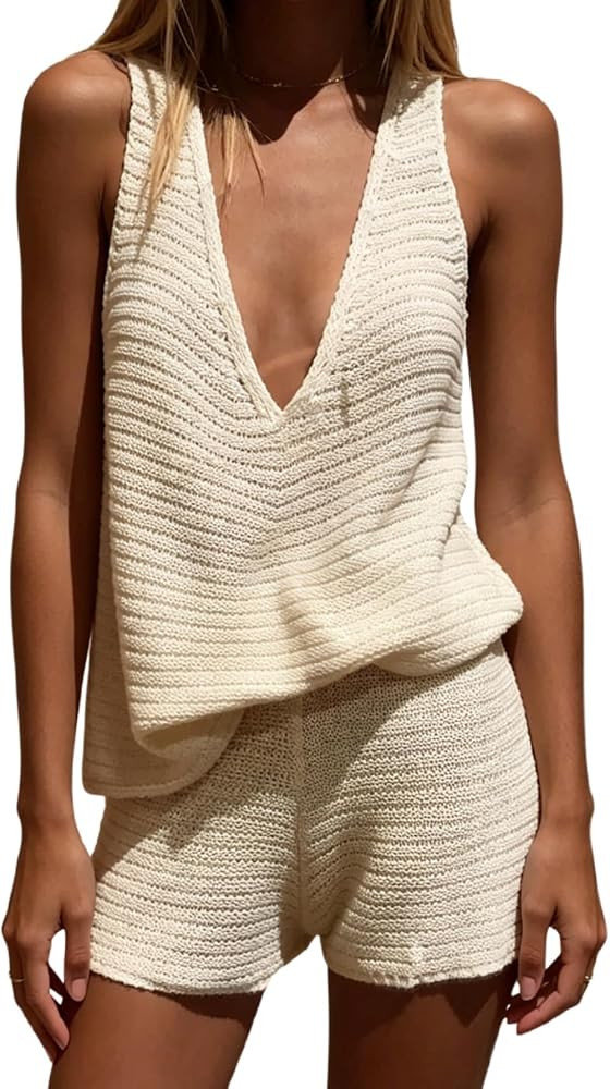 MakeMeChic Women's 2 Piece Sets Tank Tops Shorts Set Beach Cover Ups | Amazon (US)