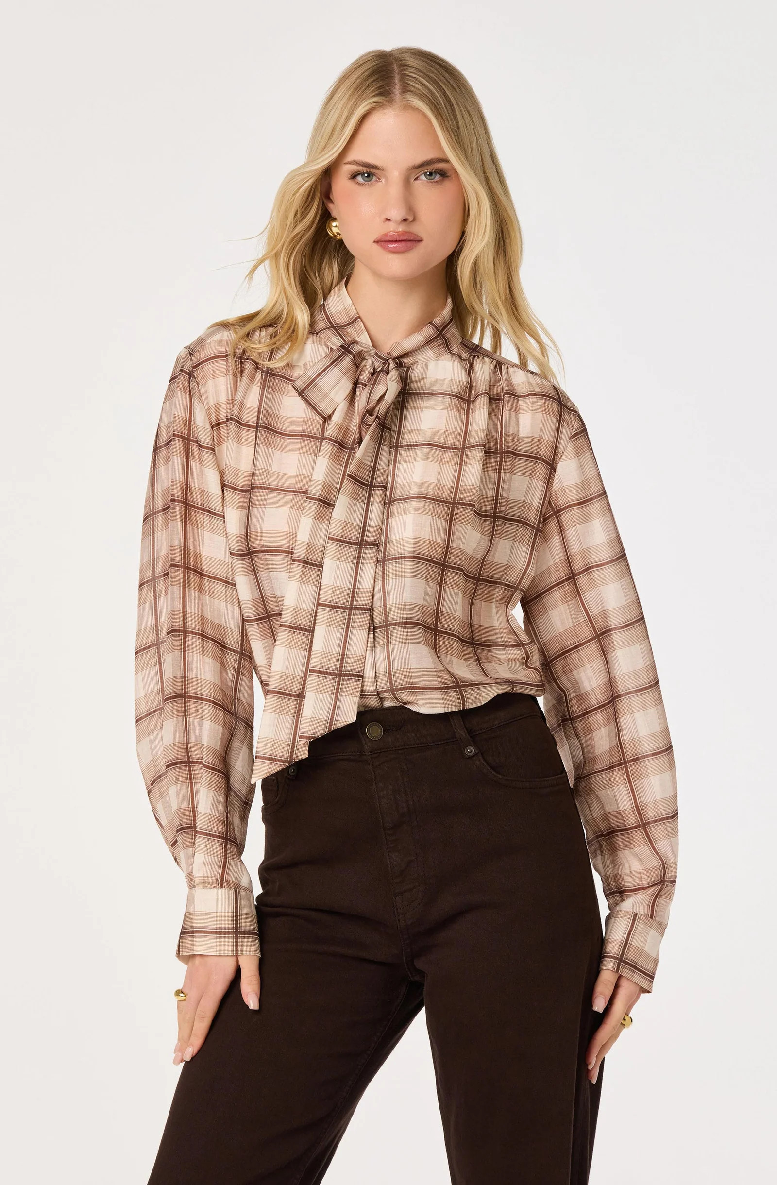 Mabry Plaid Tie-Neck Blouse - Brown plaid / M | ASTR The Label (US)