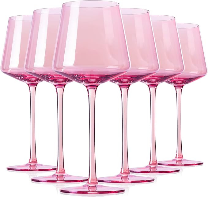 Physkoa Pink Wine Glasses Set 6-14Ounce Modern Pink Wine Glasses With Tall Long Stem and Flat Bot... | Amazon (US)