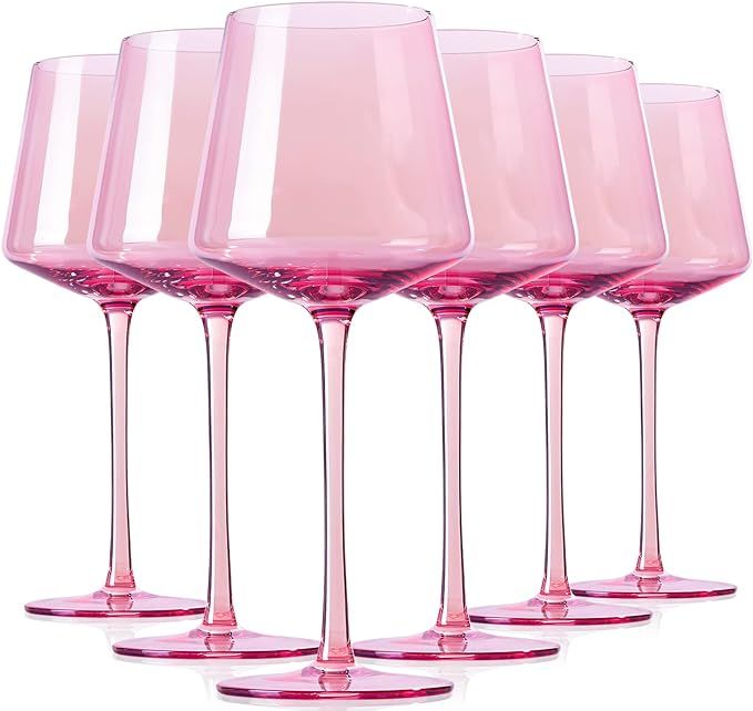 Physkoa Pink Wine Glasses Set 6-14Ounce Modern Pink Wine Glasses With Tall Long Stem and Flat Bot... | Amazon (US)