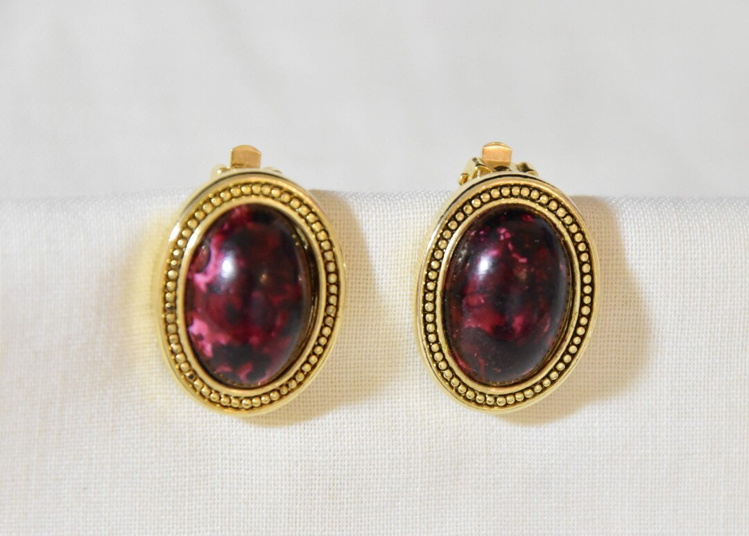 Gold Tone Trim and Marbled Burgundy Cabochon Earrings. Vintage Cabochon Clip on Earrings. Classic... | Etsy (US)
