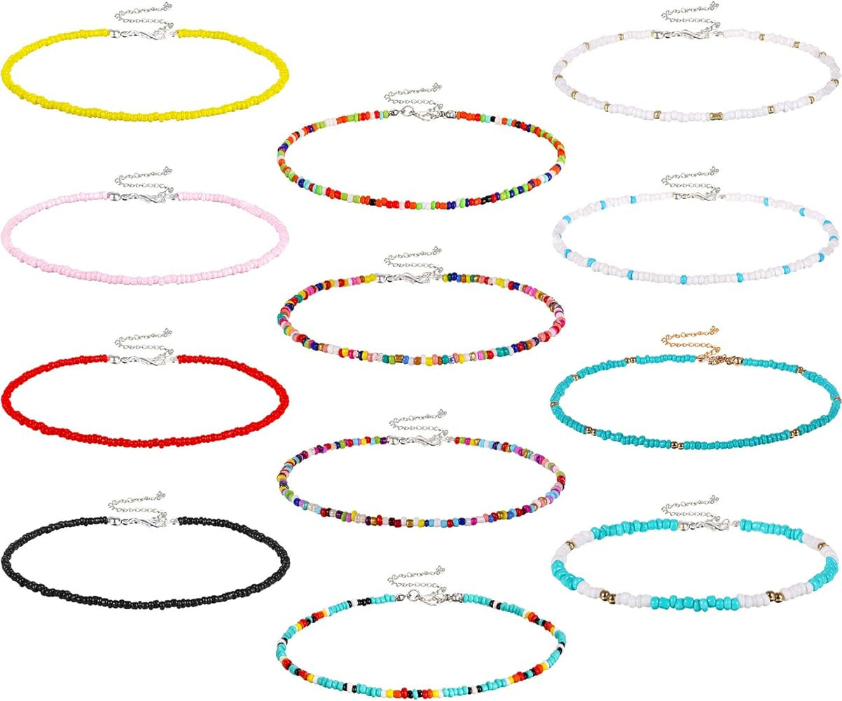 Hicarer 12 Pieces Boho Seed Bead Choker Necklace Colorful Bead Necklaces Rainbow Beach Bead Choke... | Amazon (US)