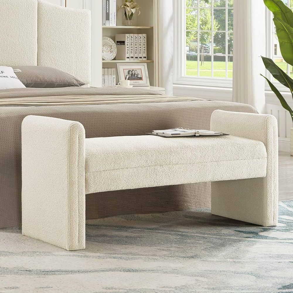24KF Modern Boucle Teddy Lovely Bench, Upholstered Bed Bench Entryway Bench Ottoman with Armrest ... | Amazon (US)