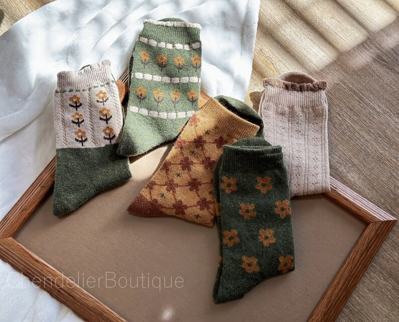 Cozy Wool Blend Floral Socks – Cottagecore Soft Knit Warm Winter Socks, Retro Style Flower Patt... | Etsy (US)
