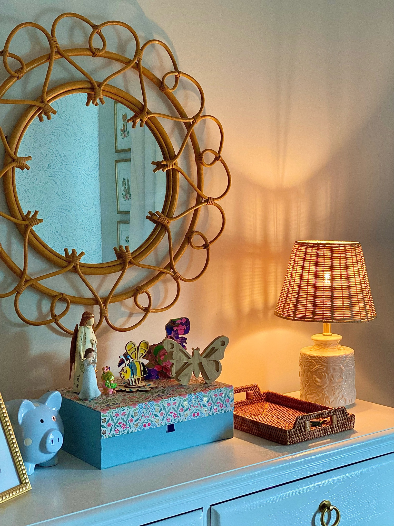 Having Olivia’s mirror repaired and up is such a good feeling. 

Girl nursery, rattan mirror, toddler room. Coastal bedroom. Circle mirror, lamp, kids room. Kids decor. 

#LTKBaby #LTKKids #LTKHome