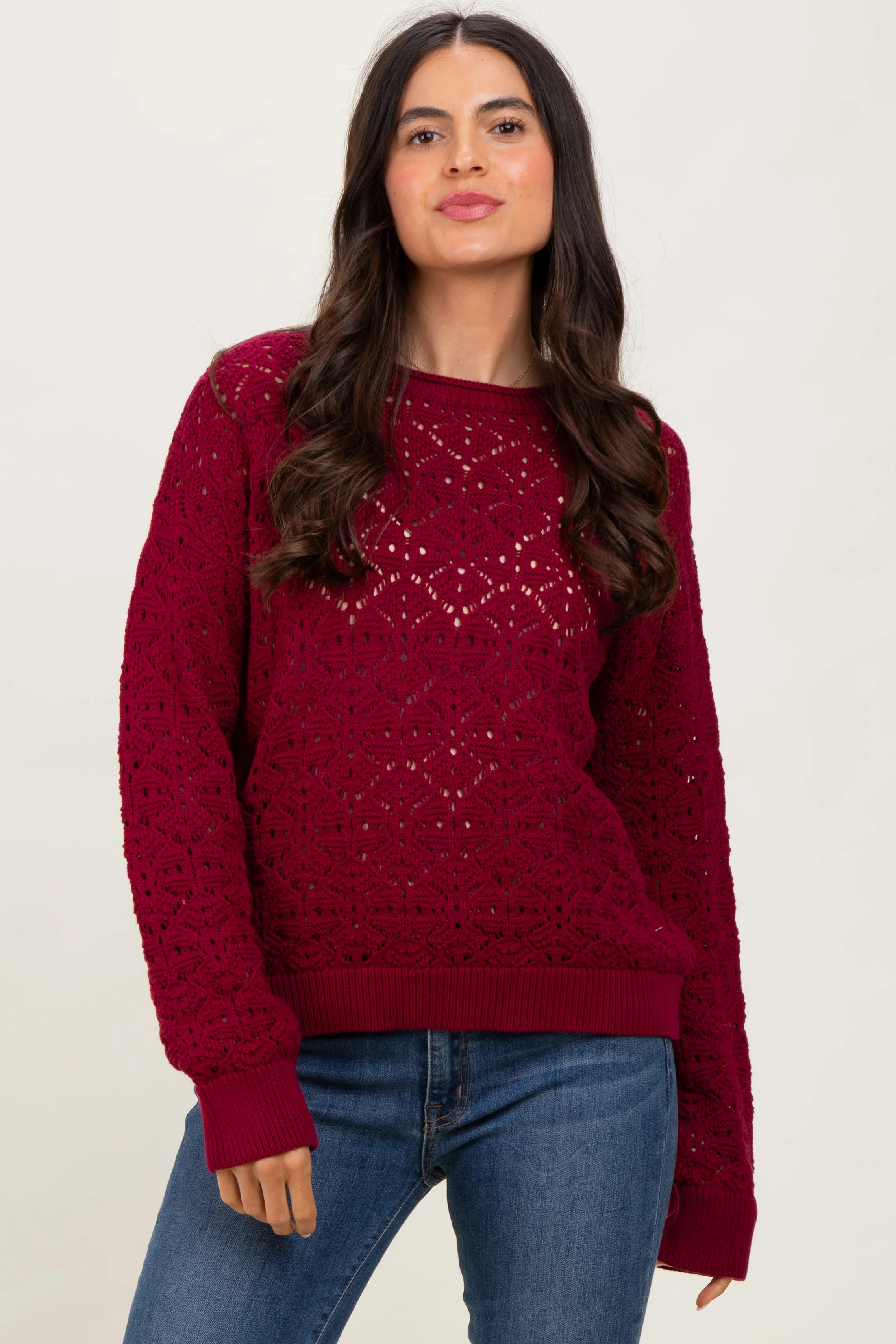 Burgundy Crochet Knit Drop Shoulder Sweater | PinkBlush Maternity