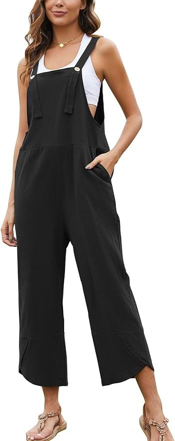 Flygo Women's Casual Cotton Wide Leg Overalls Baggy Rompers Jumpsuit with Pockets | Amazon (US)