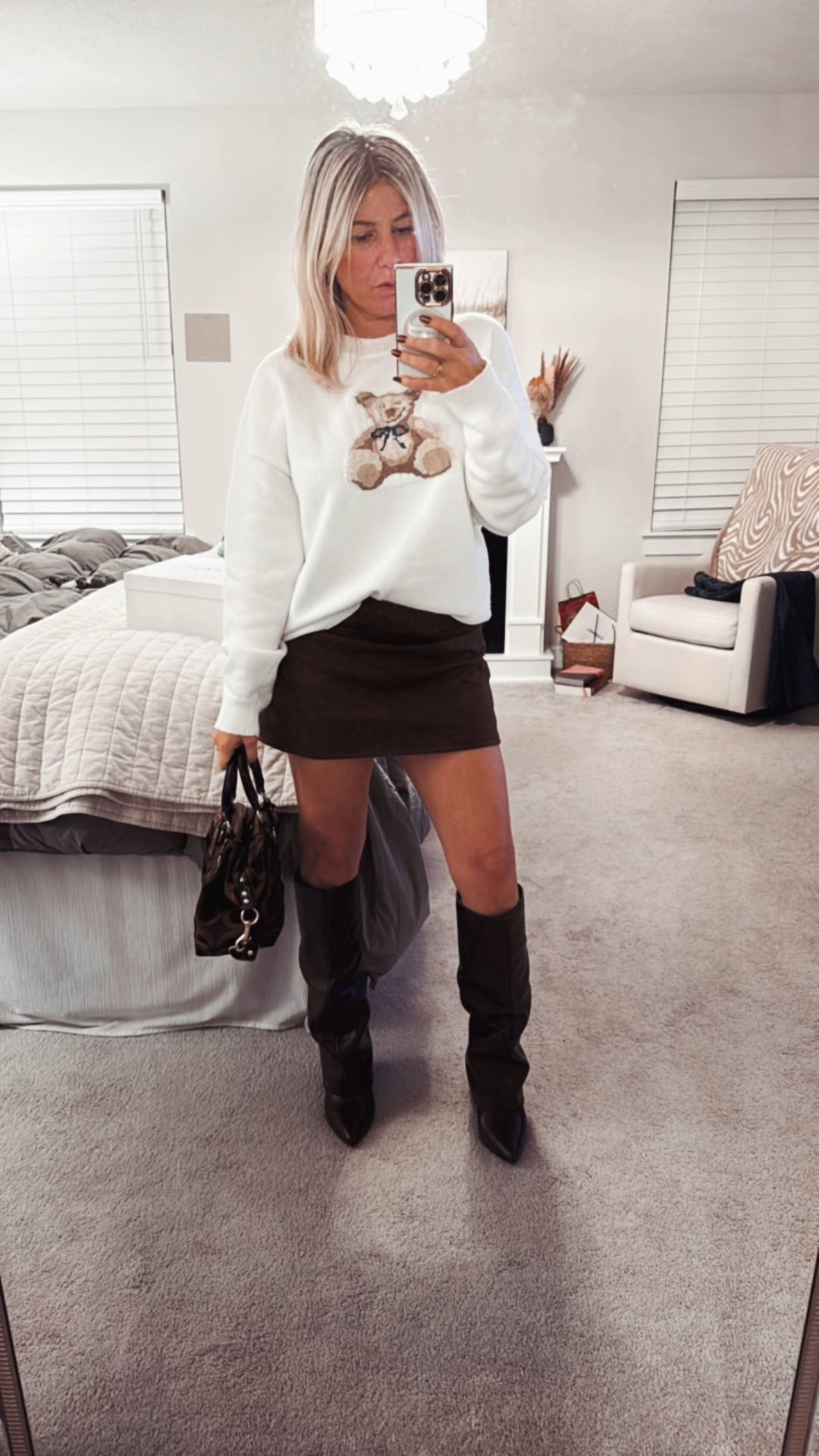 Chocolate brown skirt + teddy bear sweater with chocolate slouchy boots. Perfect for fall or thanksgiving! 

#LTKStyleTip #LTKParties #LTKHoliday