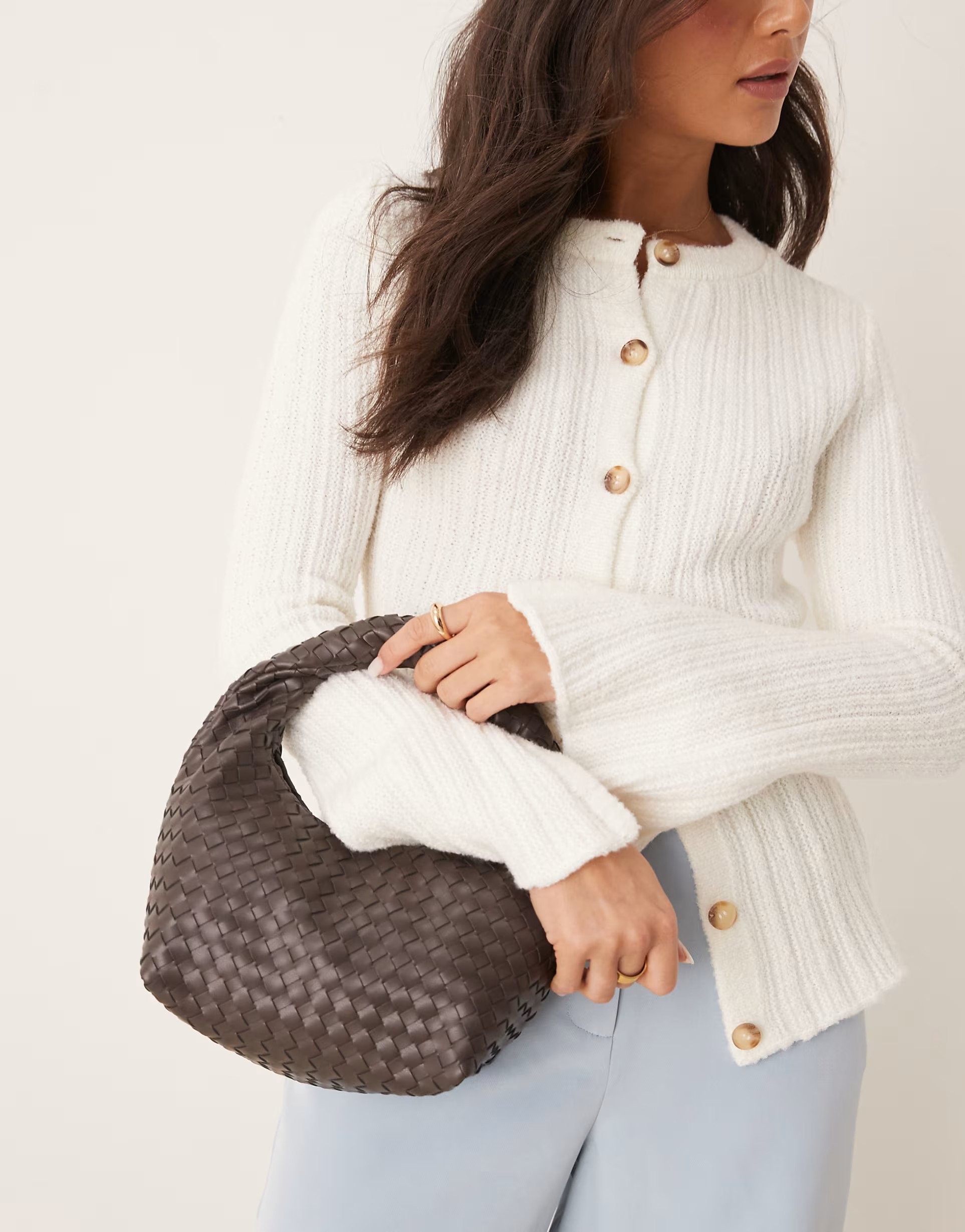 Gina Tricot braided weave small tote handbag with twisted handle in brown | ASOS (Global)