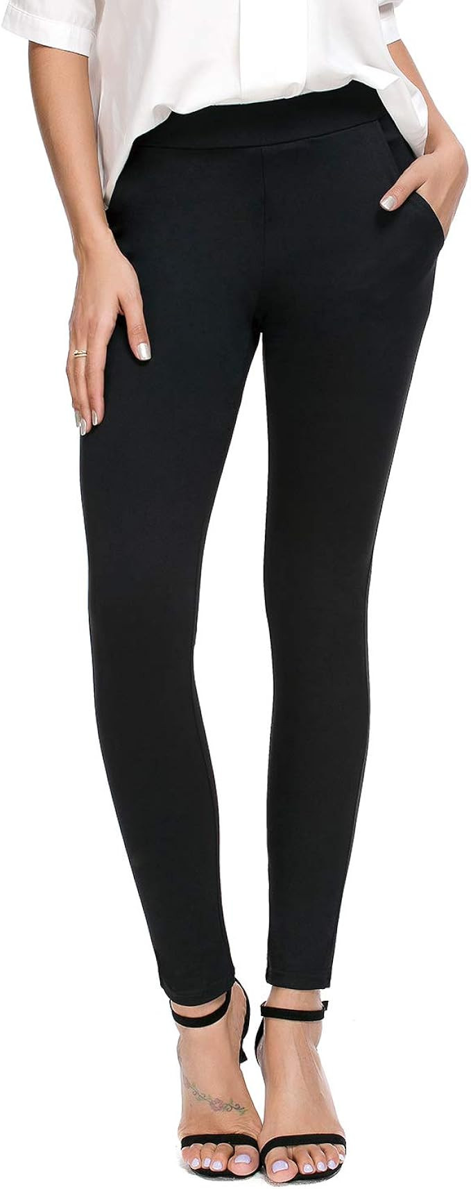 Bamans Women's Skinny Leg Work Pull on Slim Stretch Yoga Dress Pants w/Tummy Control | Amazon (US)