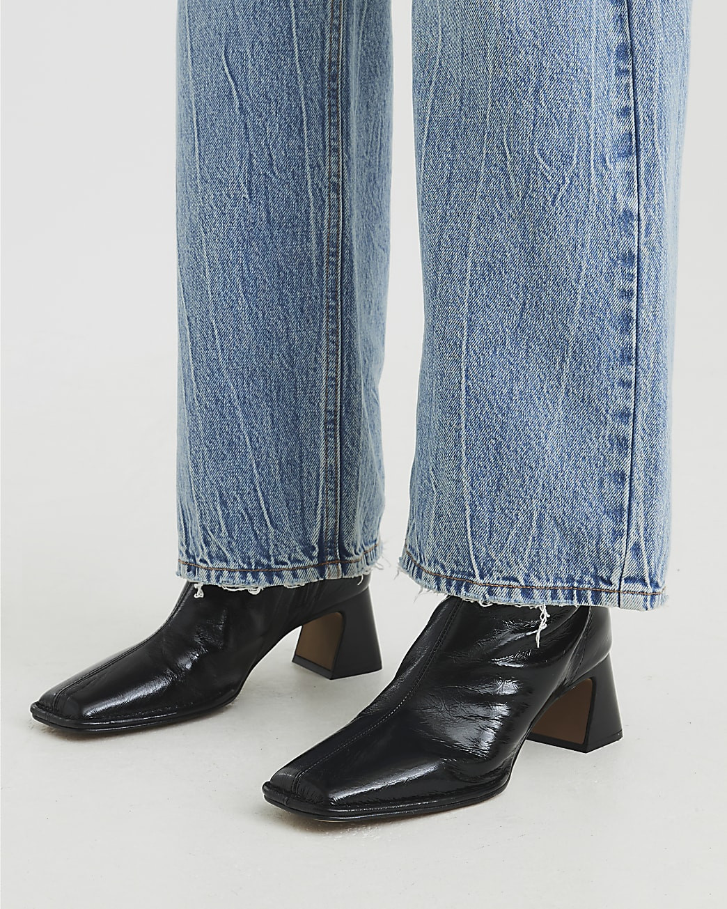 Black Leather Stitched Block Heeled Boots | River Island UK & IE