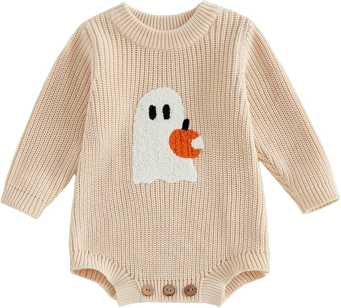 Baby Girl Boy Halloween Sweater Romper Pumpkin Ghost Long Sleeve Knitted Bodysuit Newborn Fall Wi... | Amazon (US)