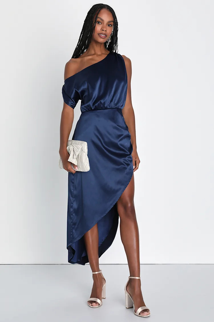Stunning Allure Navy Blue Satin One-Shoulder Midi Dress | Lulus