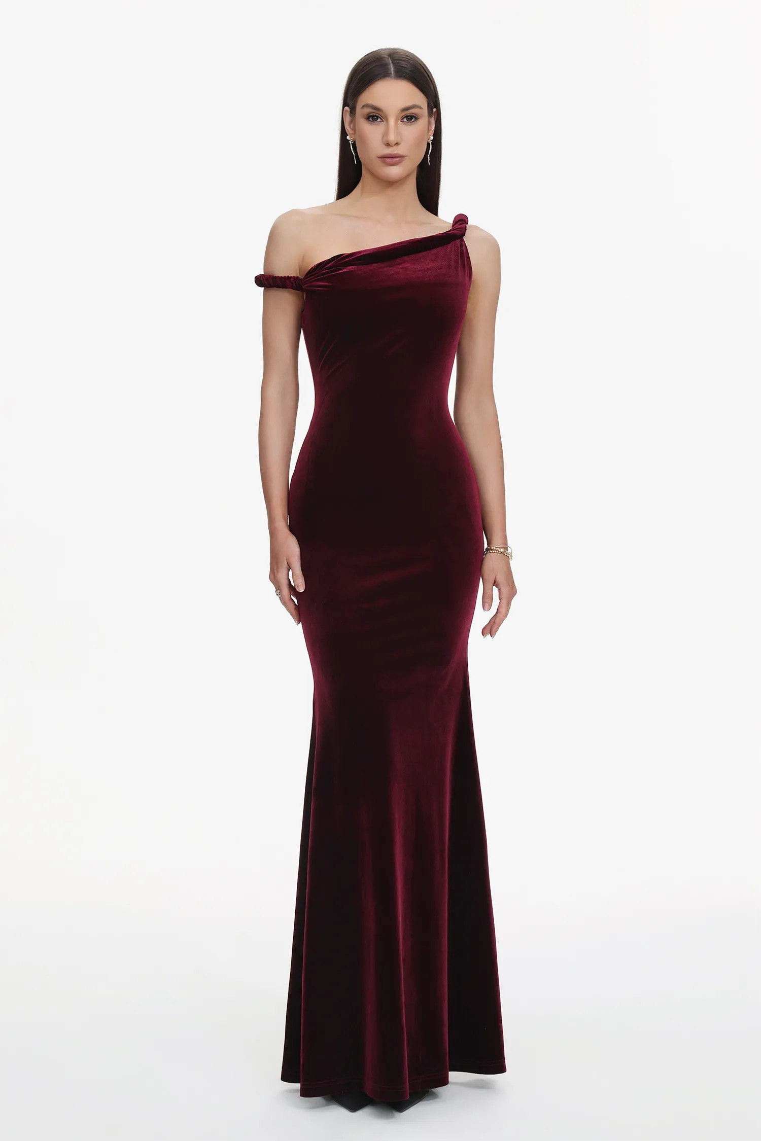 Tafari Romantic Contour Asymmetric Twist Velvet Maxi Dress | Bellabarnett Affiliate Marketing