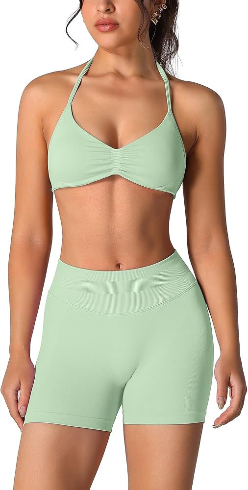 ABOCIW Womens Seamless Workout Sets 2 Piece Strappy Halter Sports Bra Scrunch Butt Shorts Gym Yog... | Amazon (US)