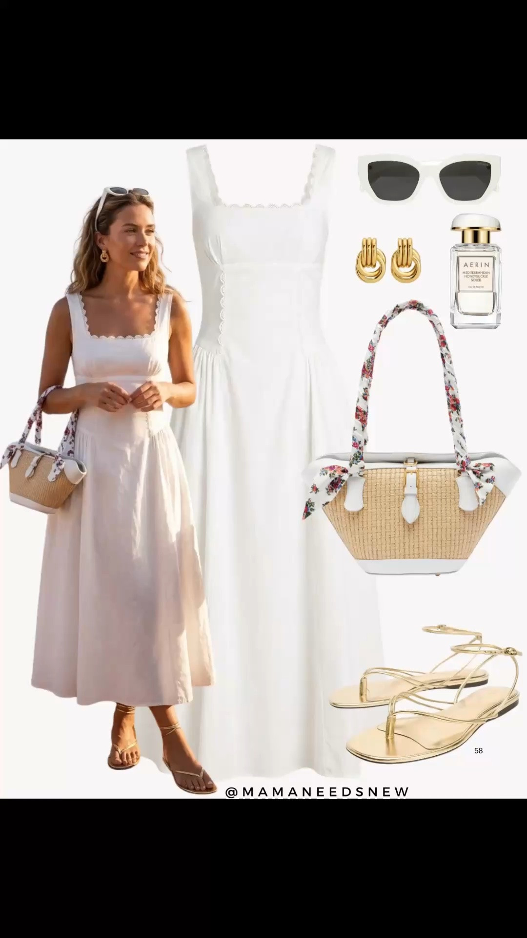 A spring to summer outfit with a midi dress, raffia tote bag, sandals 🤍