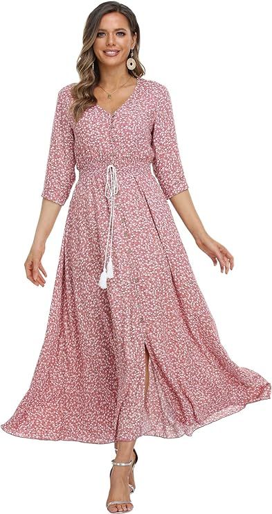 Summer Floral Print Maxi Dress Women Button Up Split Long Flowy Bohemian Beach Party Dresses | Amazon (US)