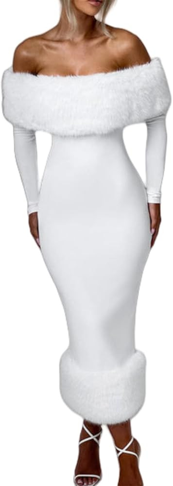 Womens Long Sleeve Wedding Dresses for Brides Off Shoulder Ruched Satin Faux Fur Midi Gowns | Amazon (US)