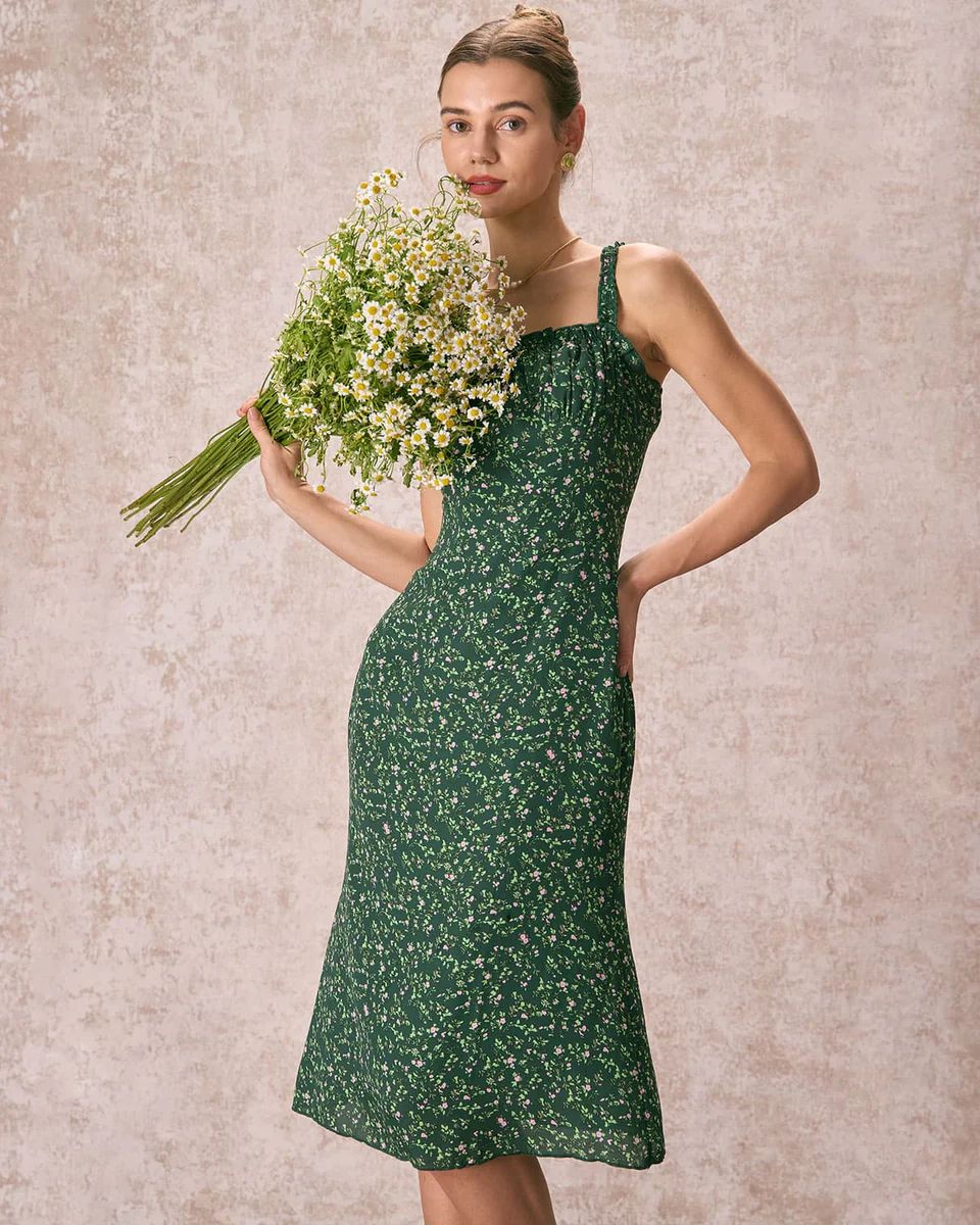 The Green Floral Frill Trim Ruched Midi Dress & Reviews - Green - Dresses | RIHOAS | rihoas.com