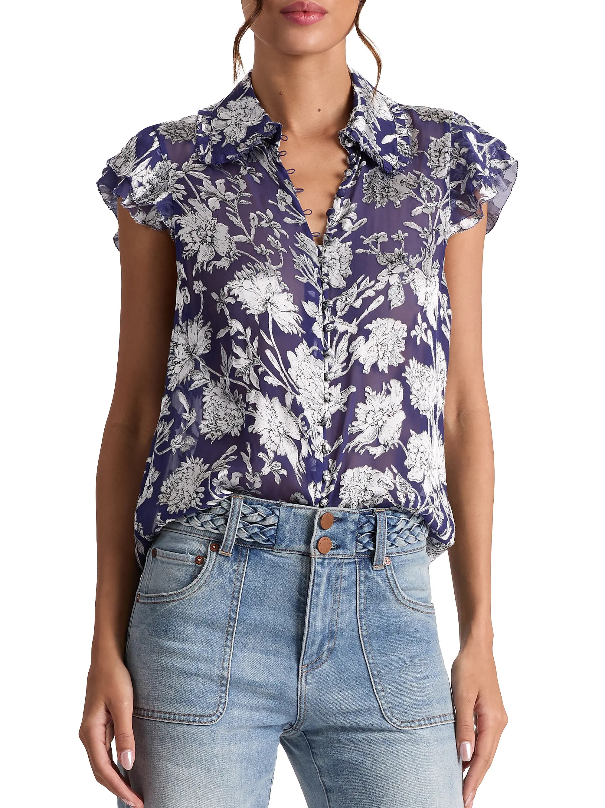 Alice + Olivia Martel Floral Flutter-Sleeve Blouse | Saks Fifth Avenue | Saks Fifth Avenue