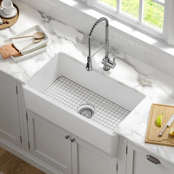 KFR1-33MWH Turino 33" L x 18" W Farmhouse/Apron Kitchen Sink with Sink Grid and Drain Assembly | Wayfair North America