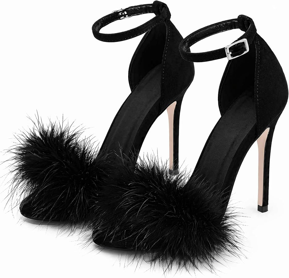 Women's Sexy Heeled Sandals Fluffy Feather Open Toe Stiletto High Heels | Amazon (US)