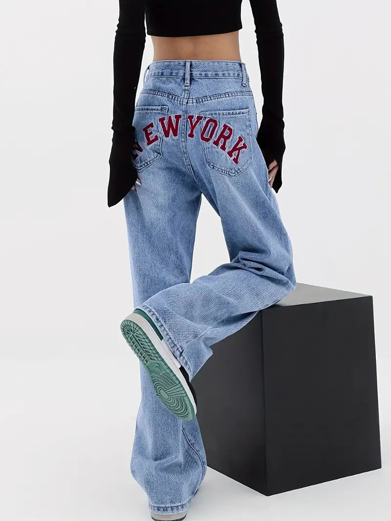 Blue Loose Fit Straight Jeans Letter Embroidered Baggy Y2k - Temu | Temu Affiliate Program