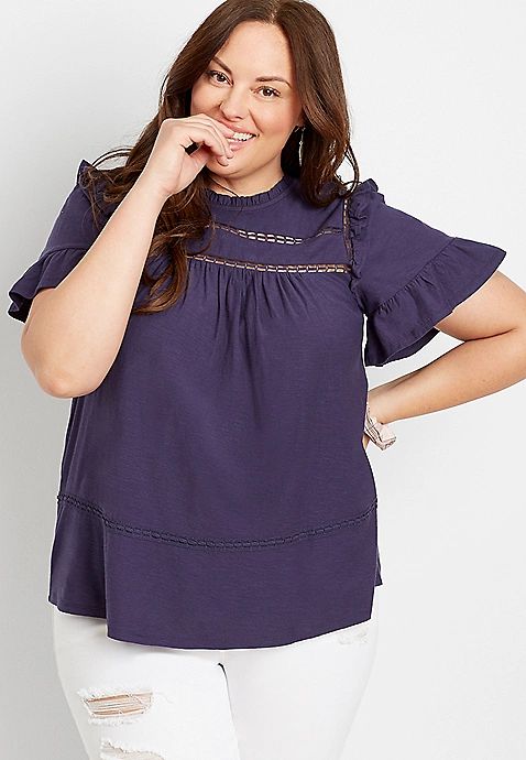 Plus Size Navy Crochet Ruffle Sleeve Top | Maurices