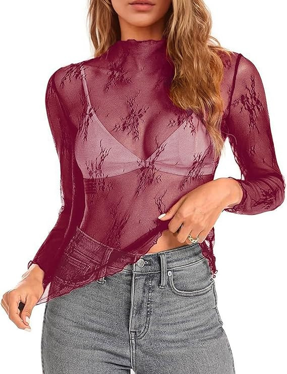 siliteelon Lace Tops for Women Mesh Long Sleeve Top Sheer Lace Shirt Floral Mock Neck Party Club ... | Amazon (US)