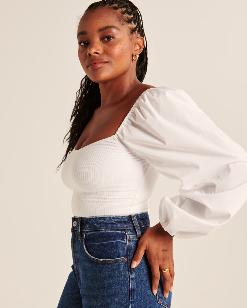 Women's Long-Sleeve Mixed Fabric Puff Sleeve Top | Women's Tops | Abercrombie.com | Abercrombie & Fitch (US)
