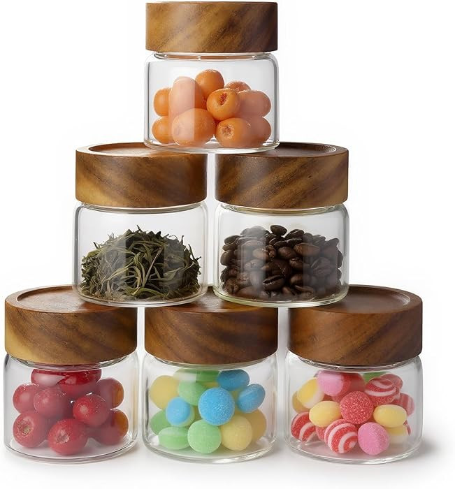 6-Pack 6 oz Airtight Food Sealed Jars with Acacia Wood Lids - Glass Meal Prep Containers for Over... | Amazon (US)