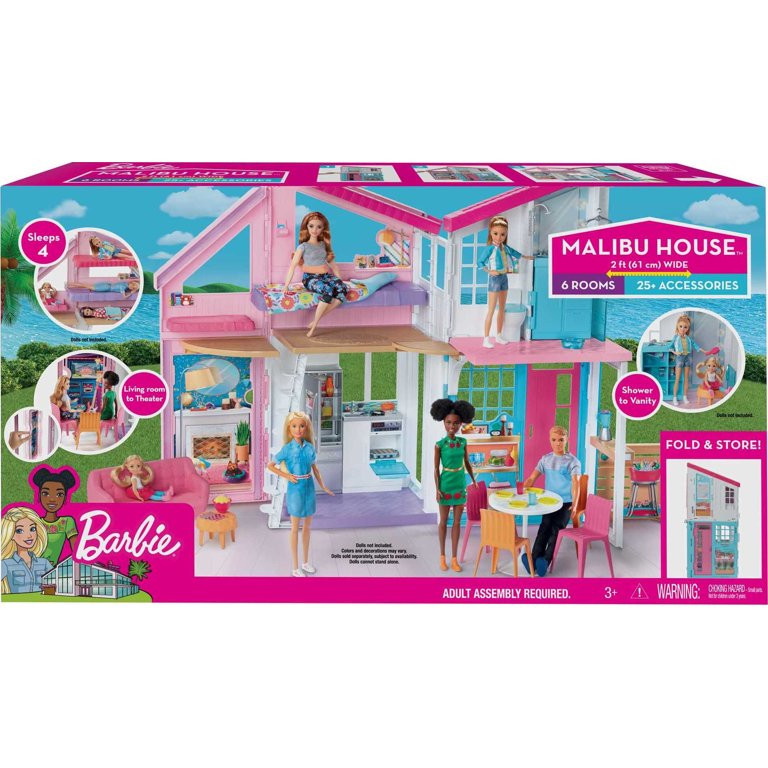 Barbie Malibu House Dollhouse Playset with 25+ Furniture and Accessories (6 Rooms), Multicolor | Walmart (US)