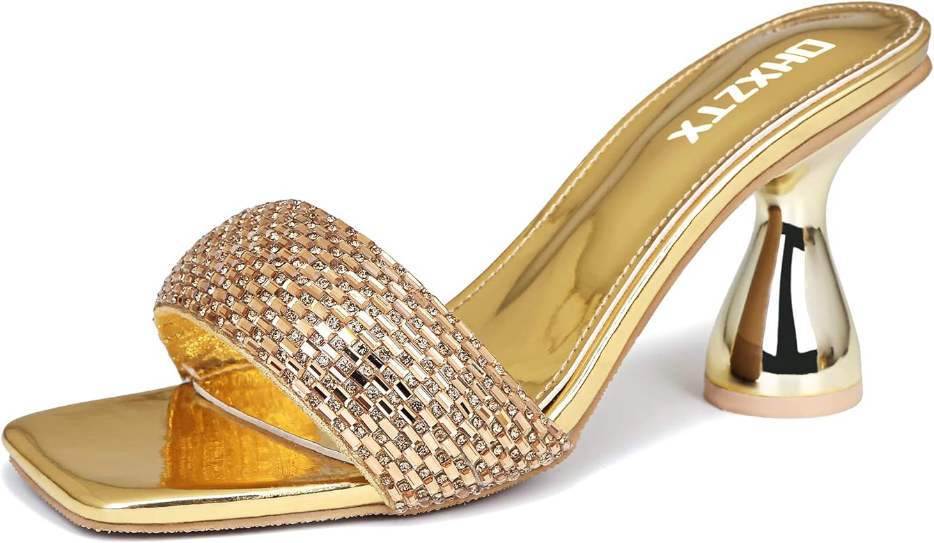 OHXZTX Women's Rhinestone Chunky Heel Mules Sandals Square Open Toe Slip On Kitten Heeled Backles... | Amazon (US)