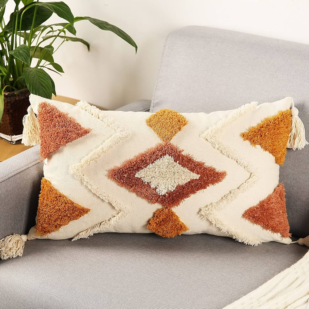 Merrycolor Boho Lumbar Throw Pillow Cover 12x20 inch,Bohemian Tufted Decorative Pillow Covers wit... | Amazon (US)