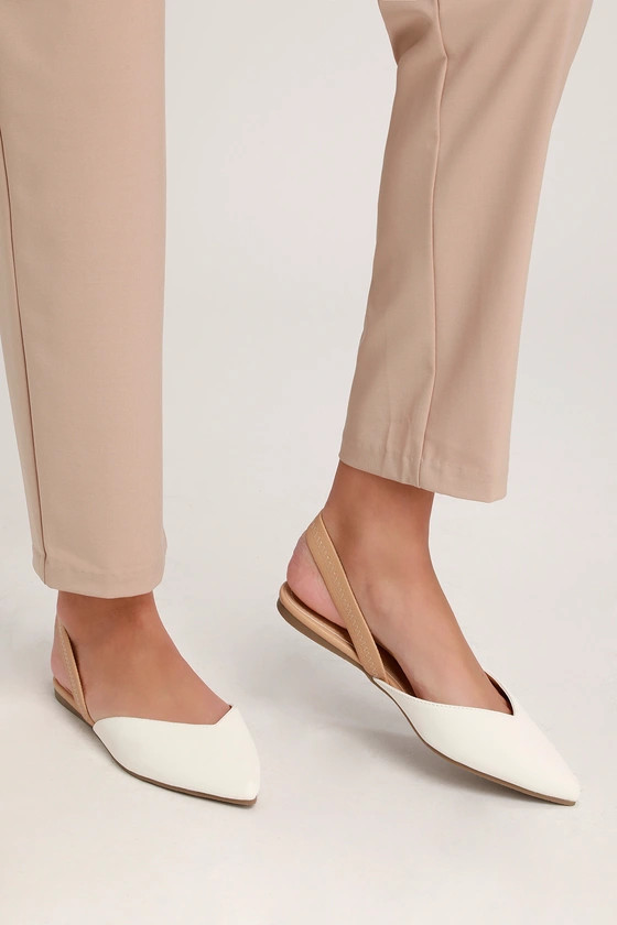 Mae White and Beige Pointed-Toe Slingback Flats | Lulus (US)