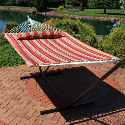 Harmon Double Spreader Bar Hammock with Stand Color: Red Stripe, Size: 15' | Wayfair North America