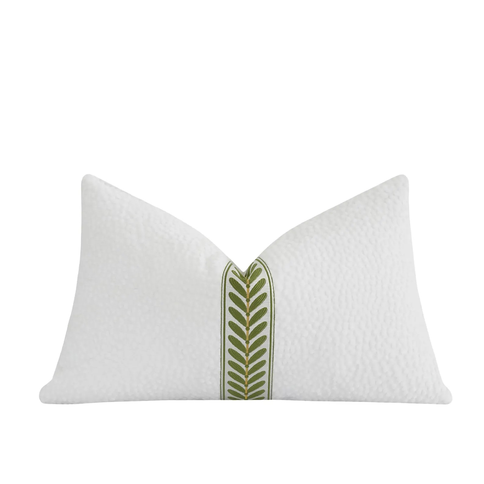 Dotted Chenille Lumbar Pillow Cover • Green Leaf Jacquard Trim on White • Elegant Embroidered... | Etsy (Global)