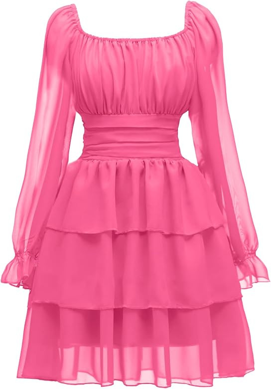 OBBUE Women's Summer Dress Tie Back Square Neck Aline Long Sleeve Layered Swing Mini Dresses | Amazon (US)