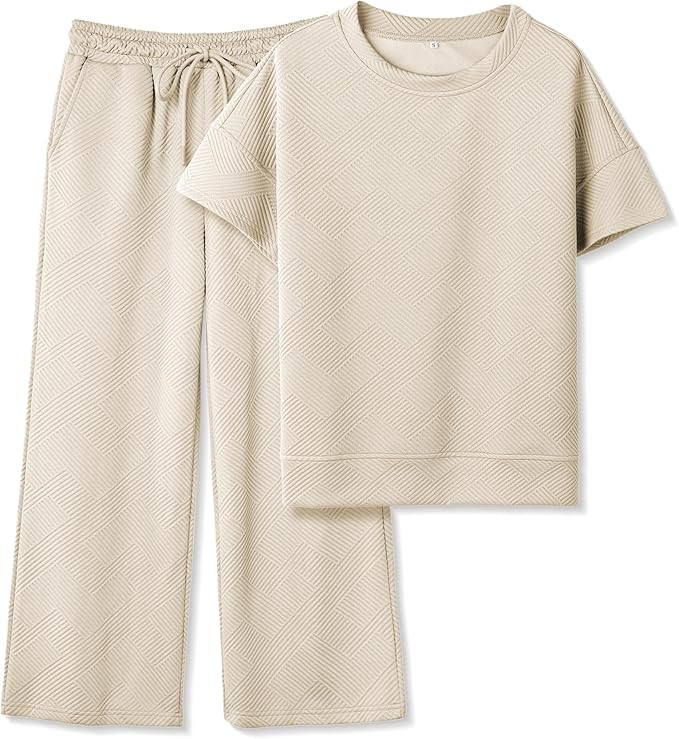 Women's 2 Piece Outfits Textured Sweatsuit 3/4 Batwing Sleeve Crew Neck Pullover Top Wide Leg Pan... | Amazon (US)