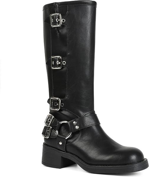 Knee High Boots Women Moto Biker Buckle Tall Boots | Amazon (US)
