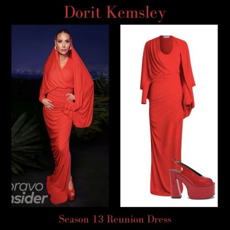 Dorit Kemsley’s Red Hooded Gown at the Real Housewives of Beverly Hills Season 13 Reunion is by Schiaparelli // Shop it in pink and her shoes 📸 + info = @bravotv